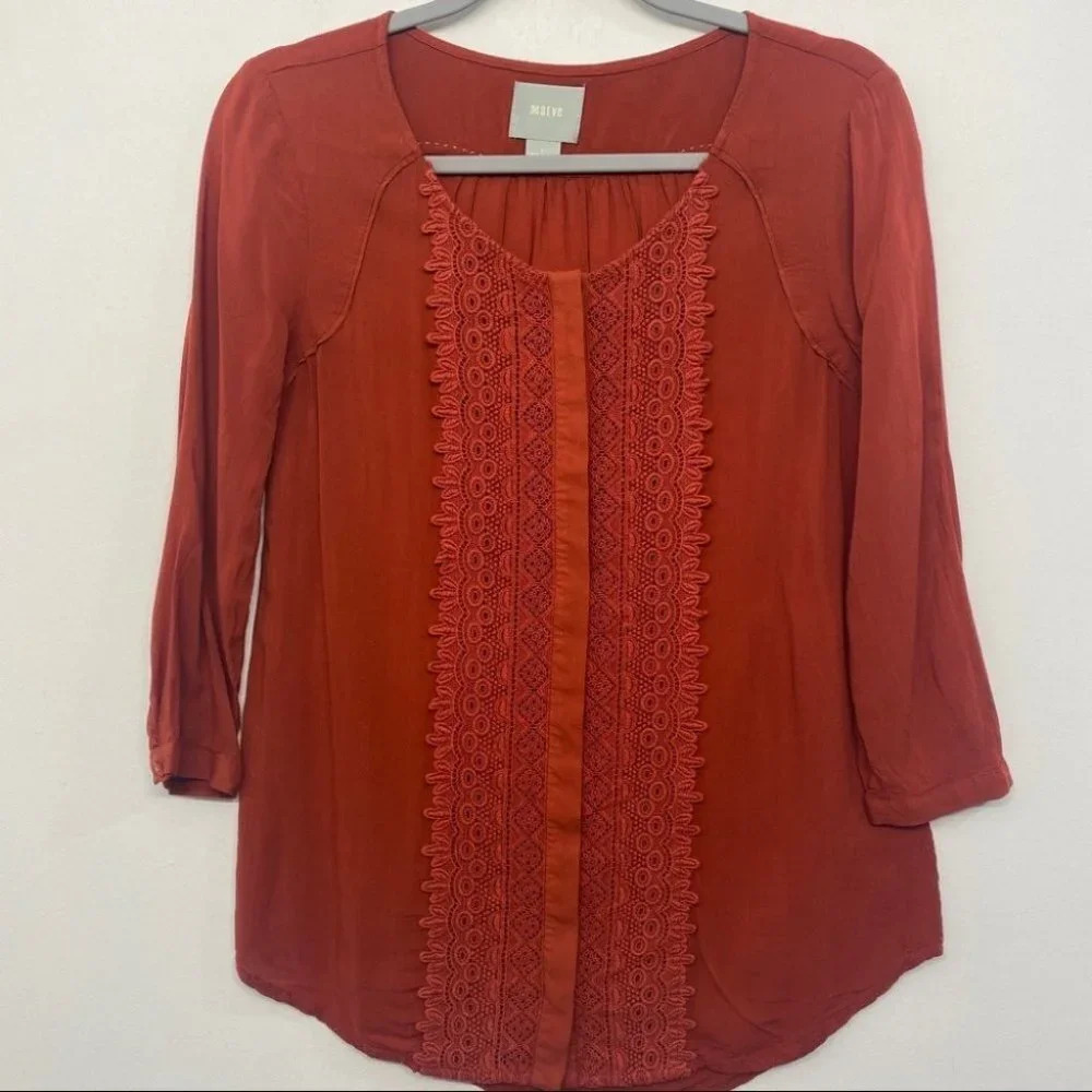Maeve Anthropologie Blouse Coral 0 Button Down Lace Detail